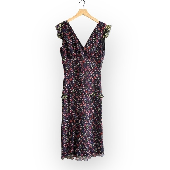 Anna‎ Sui Printed silk Midi dress with ruffles,Size 4, black, red, floral, cat
